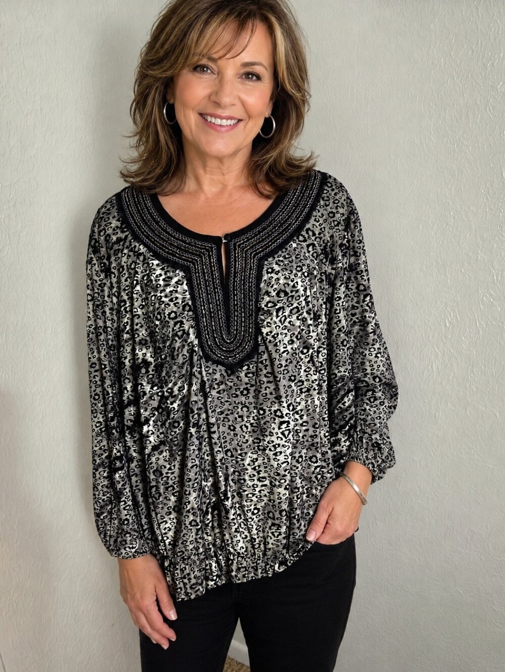Dressbarn Black & Gray Leopard Print Blouse with Metallic Accents, Size 3X